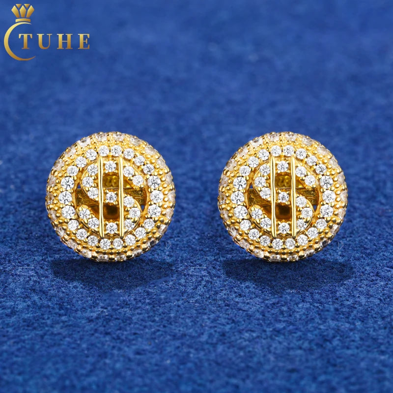 Trendy Hip Hop Moissanite Ear Stud 925 Sterling Silver VVS1 Moissanite Diamond Dollar Symbol Stud Earrings for Men Women