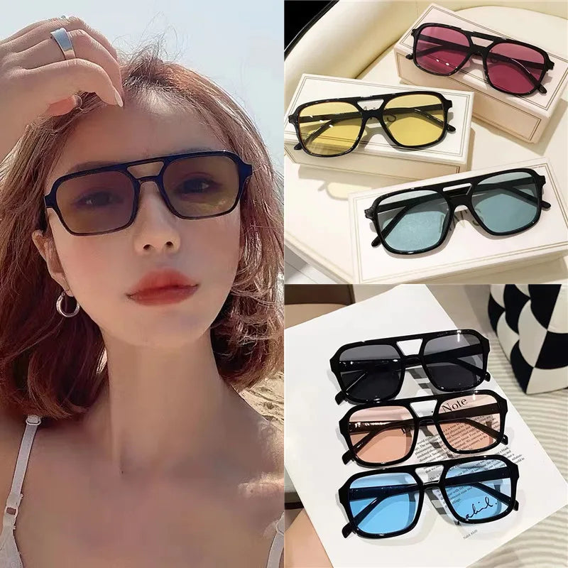 Custom Logo  Fashion Retro Big Frame Shades Sun Glasses UV400 Double Bridges Square Sunglasses Men Women