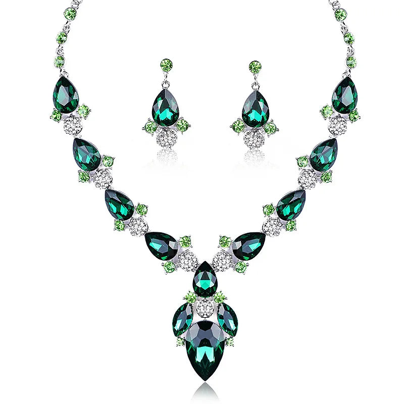 Unique Luxury Green Bride Wedding Fashion Zircon Crystal Rhinestone Necklace Earrings Jewelry Sets for Women Crystals