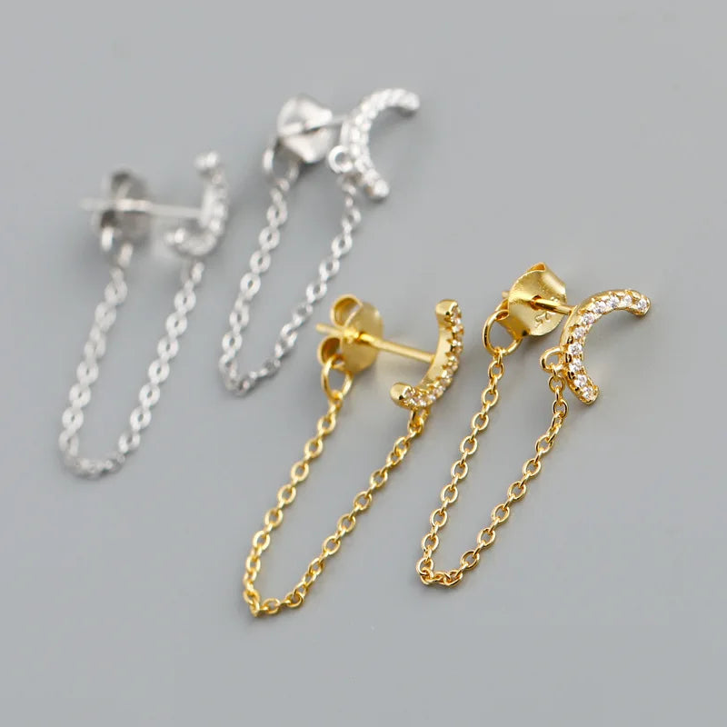 High Quality New Fashion Simple Design Gold Plating Sterling Silver 925 Jewelry Moon Shape Chain Drop Hoop Earrings Women