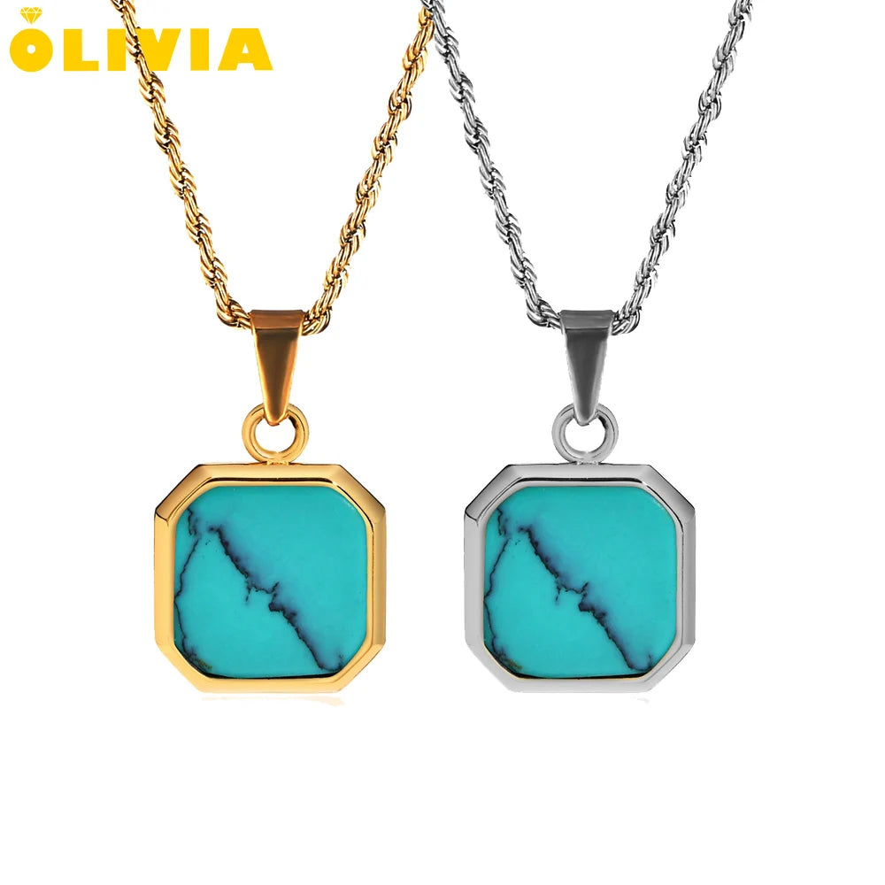 Hypoallergenic Nickel Free Women Turquoise Necklace Pendant Stainless Steel Rope Chain Black Onyx Lapis Lazuli Gemstone Necklace