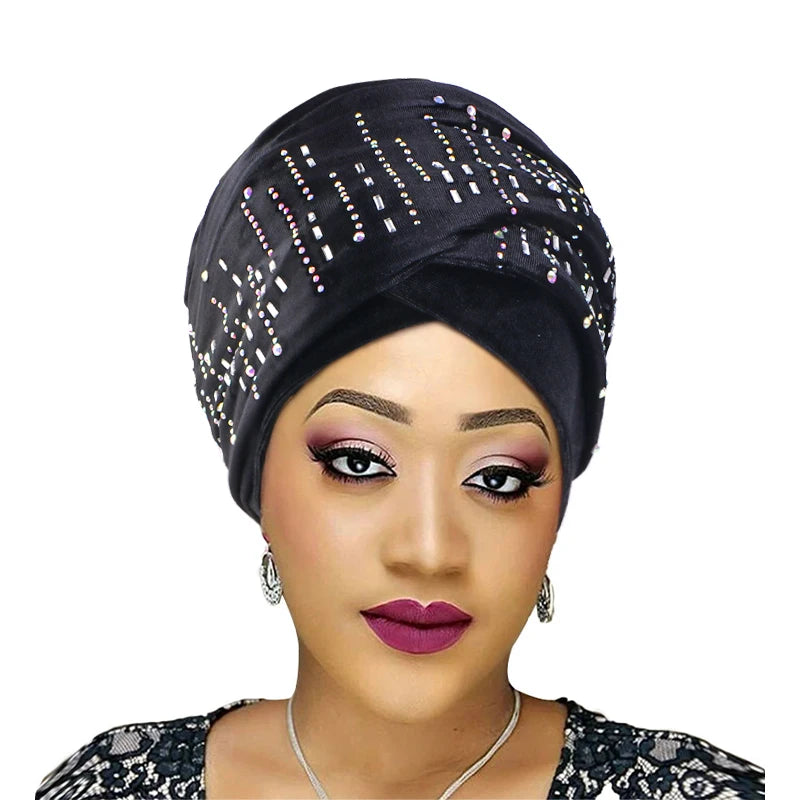 Rhinestone Head Scarves Fashion Turbans Stretch Bandana Velvet Headwraps Wholesale African Head Wraps for Women