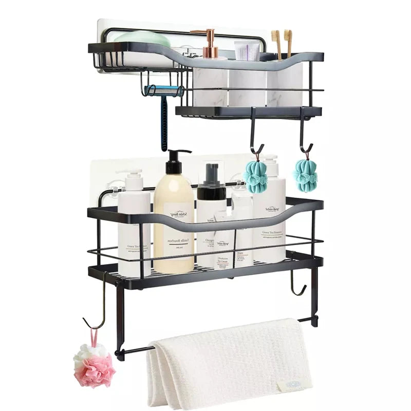 2 Pack Modern Stainless Steel 304 Matte Black Adhesive Dual Tier Bathroom Shower Caddy Without Drilling
