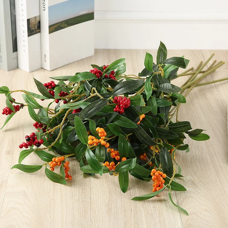 O-X483 Wholesale Christmas Decorative Plants Red Orange Artificial Berries Stems Holly Berries Artificial Flower Decoration