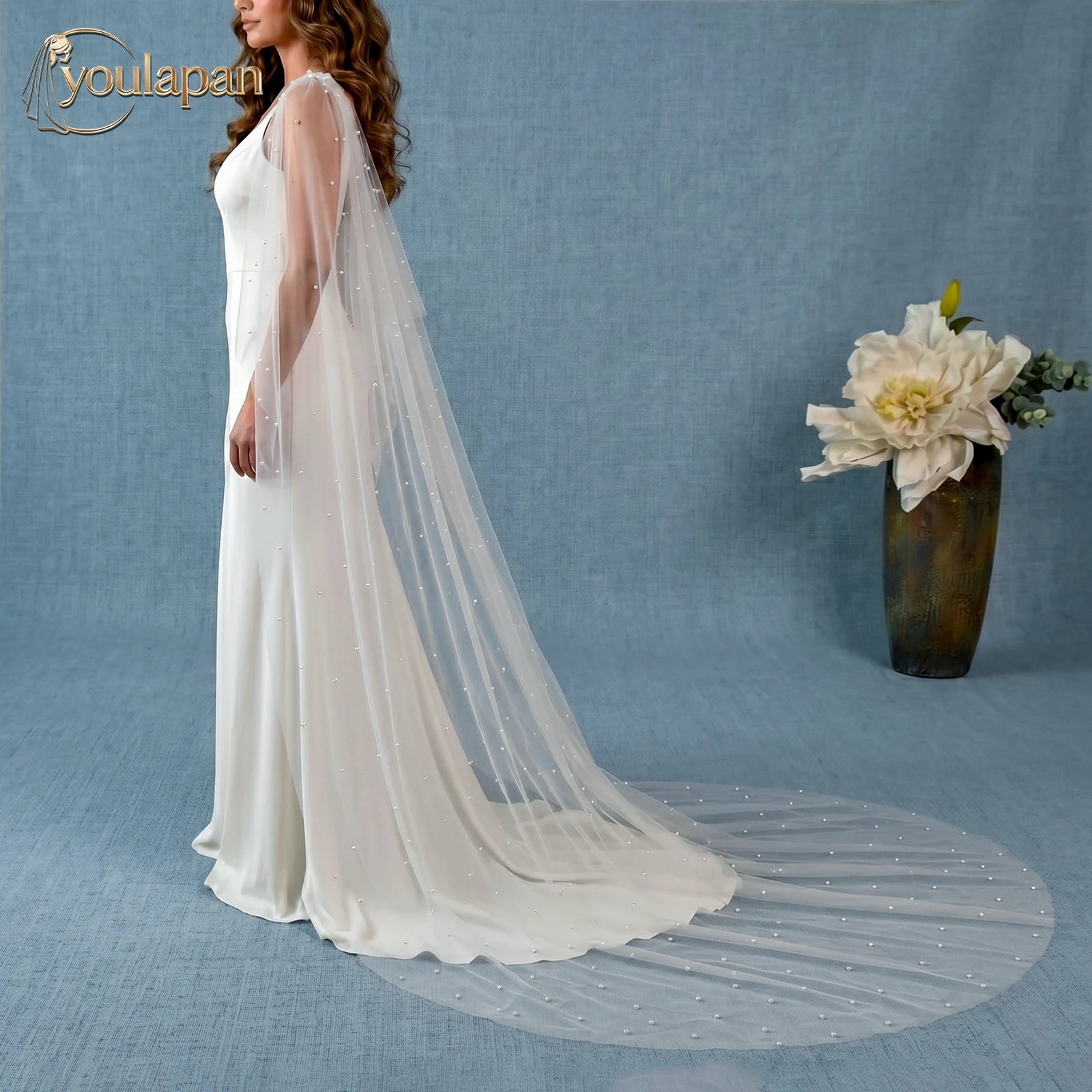 YouLaPan VG41-YP Elegant Woman Formal Dress Shawl Long Pearl Tulle Removable Bridal Wedding Cape Evening Shoulder Cover