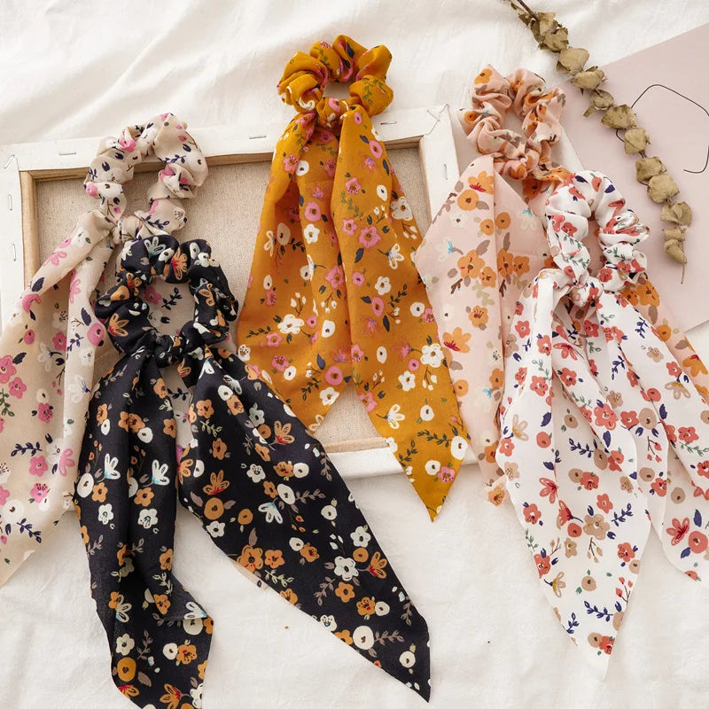 Wholesale Long Ribbon Chiffon Scrunchies Hair Accessories Knotted Headband Floral Scrunchies for Girls Hair Ties