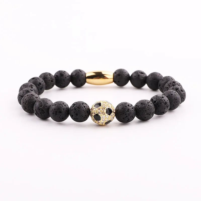 New Fashion Gemstone Bracelet Lava Beads CZ Pave Football Charm Natural Stone Soccer Ball Elastic Bracelet