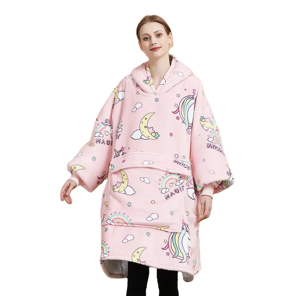 Winter Warm Blue Pajamas Hooded Sweater One-Piece Hoodies Blankets Oversized Fleece Sherpa Blanket Velvet Nightgown Women