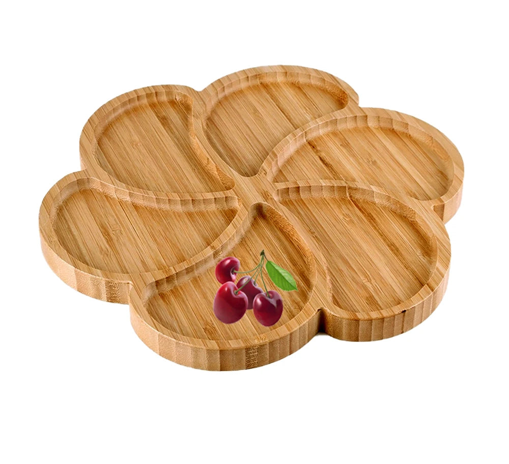 Multi Use Flower Shape Bamboo Plate Bamboo Snack Tray With Dividers Parts