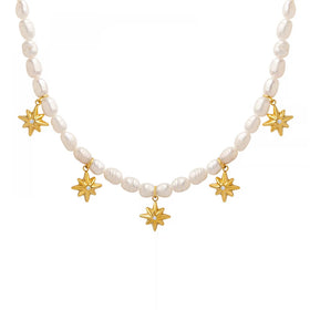 Wholesale Tarnish Free Jewelry Stainless Steel Zircon Star Pendant Bridal Natural Freshwater Pearl Necklace