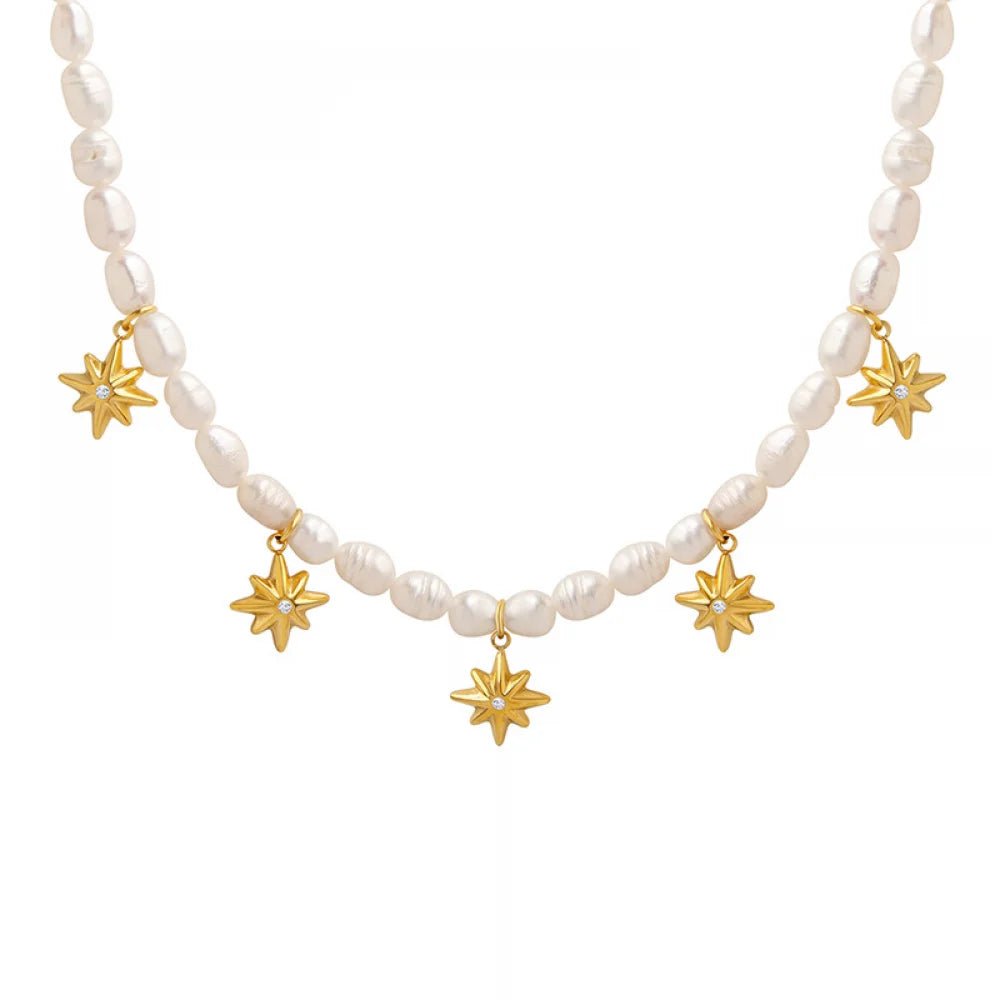 Wholesale Tarnish Free Jewelry Stainless Steel Zircon Star Pendant Bridal Natural Freshwater Pearl Necklace