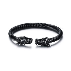 Low MOQ Top Quality Cool Men Double Dragon Heads Stainless Steel Adjustable Wire Cuff Bracelet Bangle Jewelry