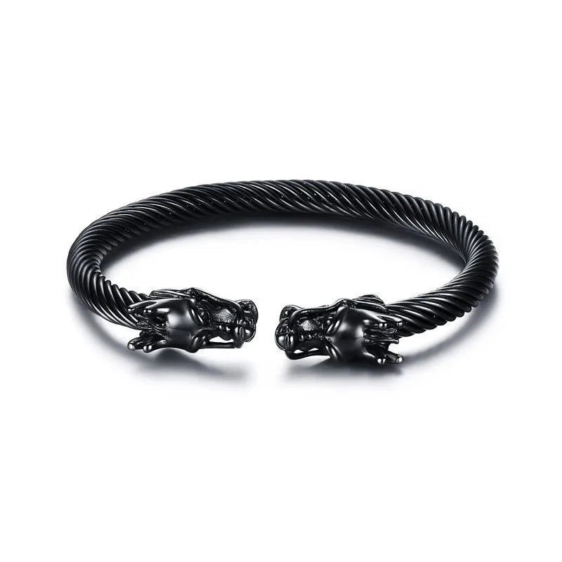 Low MOQ Top Quality Cool Men Double Dragon Heads Stainless Steel Adjustable Wire Cuff Bracelet Bangle Jewelry