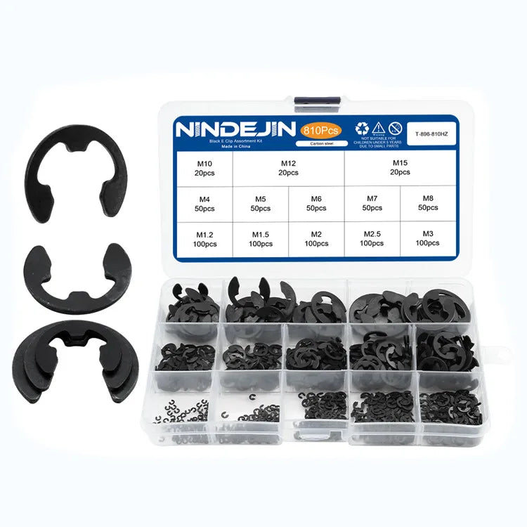 Black Carbon Steel Split E-clip Assortment Kit GB Standard Circlip Retaining Ring Washer NINDEJIN T-896