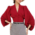 Custom High Quality Women's Cropped Shirt Breathable V-Neck Trumpet Sleeves Slim Classic Solid Color Loose Knitted Blouse for