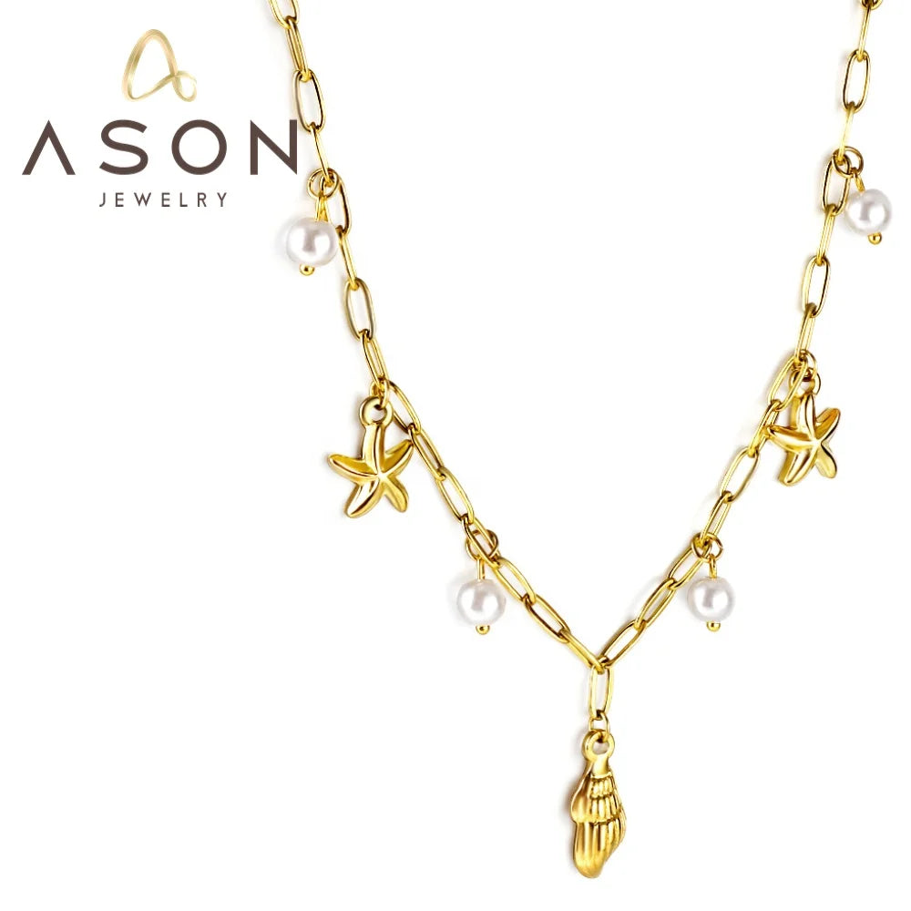 Ason Jewelry New Fashion Exquisite Stainless Steel Charm Necklace Shell Starfish White Pearl Pendant Necklace
