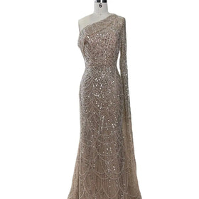 Beige Mermaid One Shoulder Pearls Beaded Wedding Party Gowns 2025 Serene Hill LA72139 Elegant Evening Dresses for Women