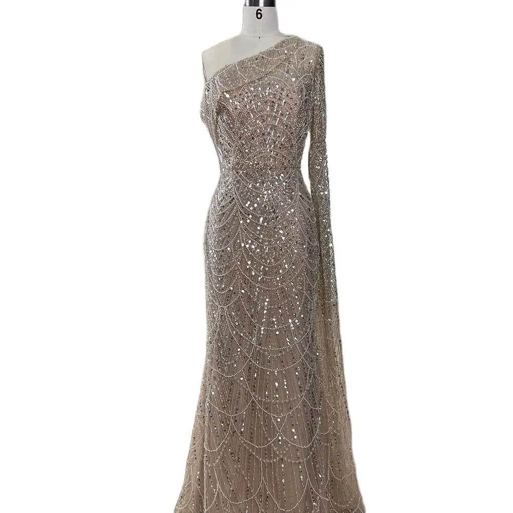 Beige Mermaid One Shoulder Pearls Beaded Wedding Party Gowns 2025 Serene Hill LA72139 Elegant Evening Dresses for Women