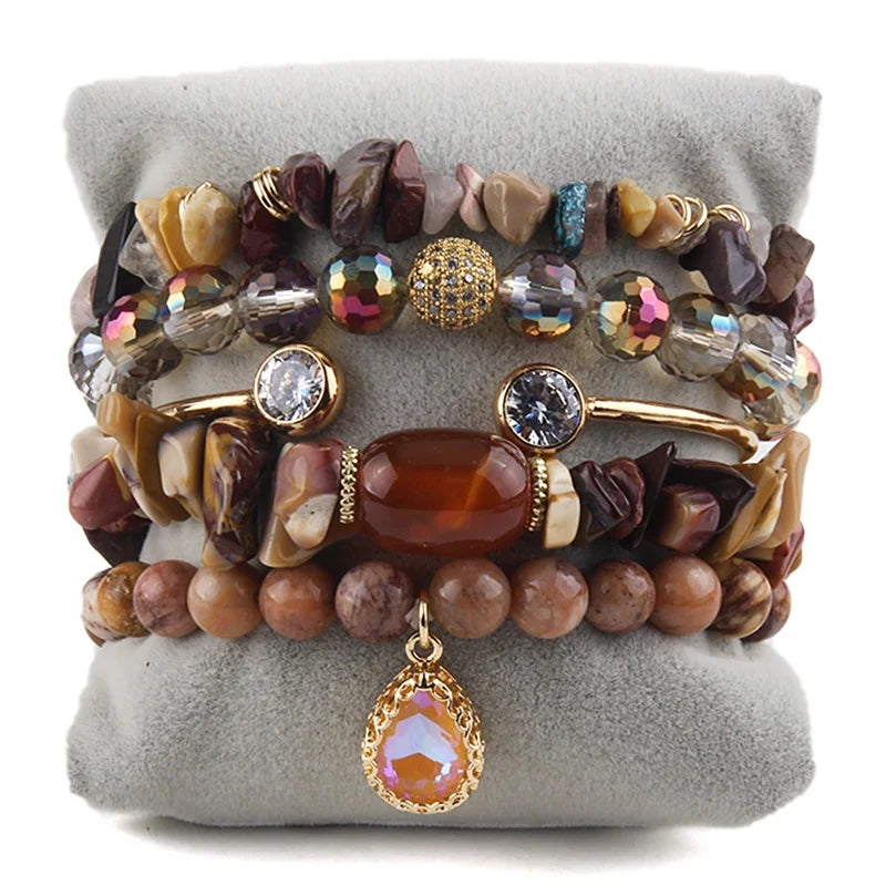 Fashion Beautiful Boho Jewelry Alloy CZ Bangle Natural Stone Crystal Glass Bracelet Shiny Peanut Zircon Drop Stack Bracelet Set
