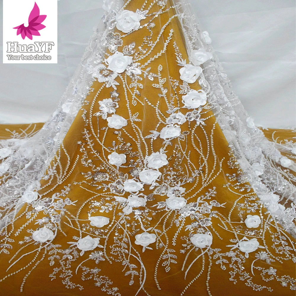 French Elegant Pure White Applique Bead Embroidered Wedding Dress Lace Fabric Bridal Wedding Dress Material Wholesale HY2650