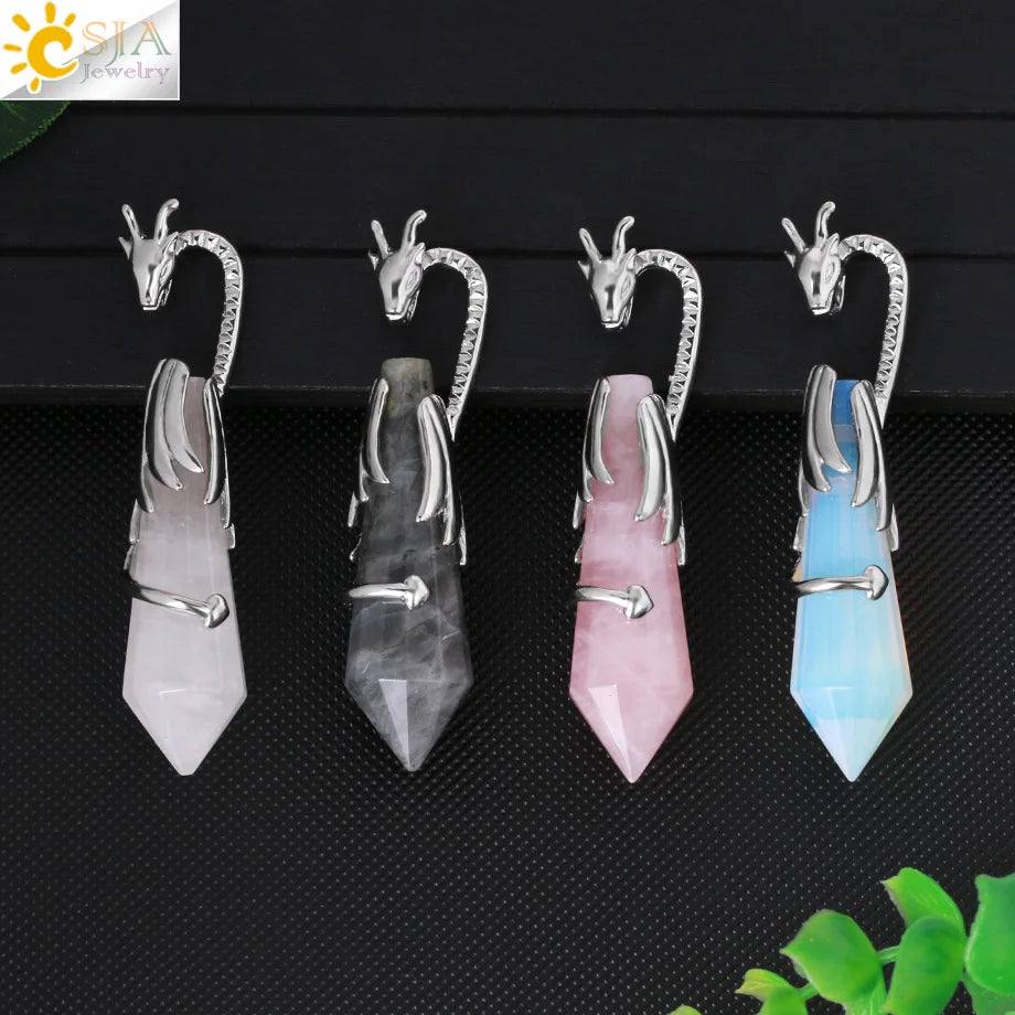 CSJA Wholesale Faceted Point Rose Quartz Amethyst Natural Healing Chinese Dragon Gemstone Crystal Pendant Quartz Necklace G589