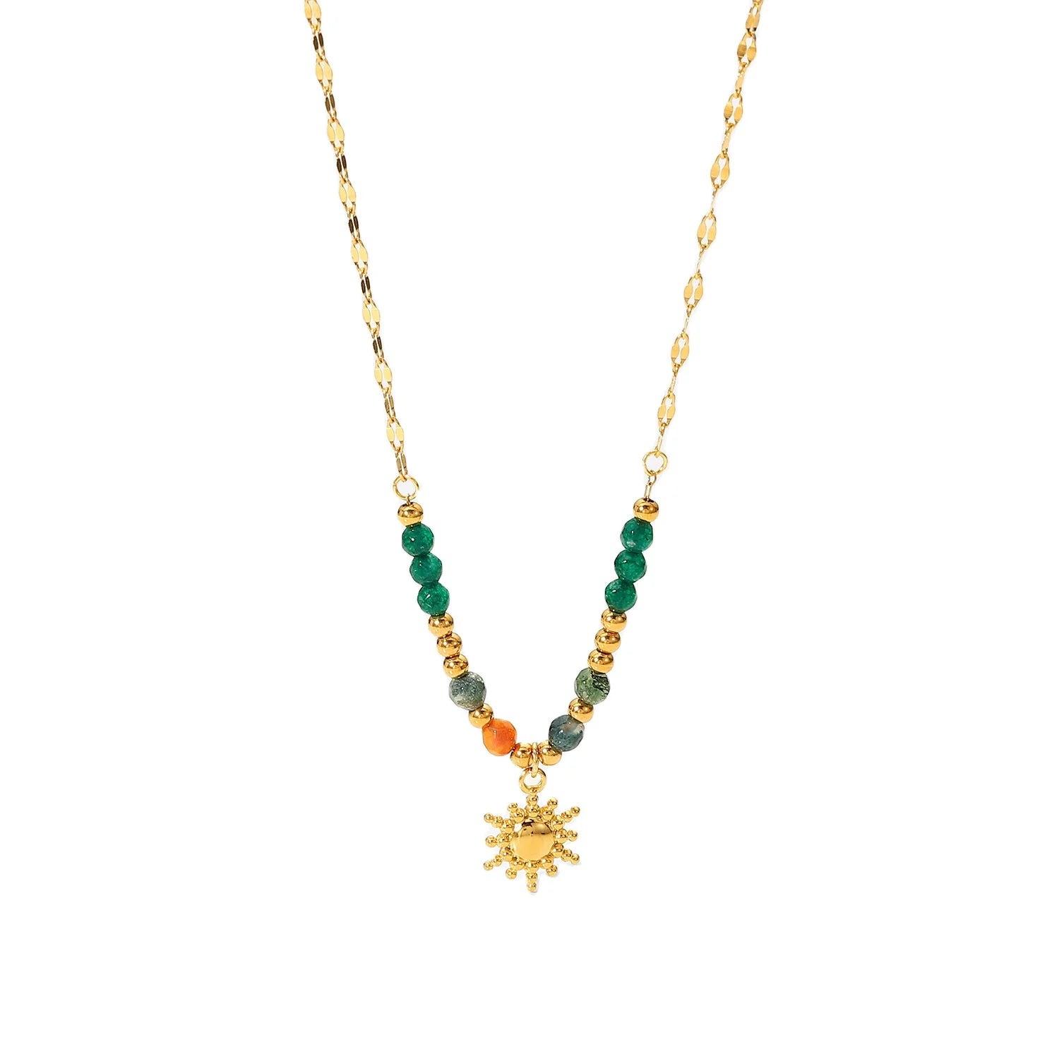 Ins French Style Natural Bead Stainless Steel Gold Chain Sun Pendant Necklace