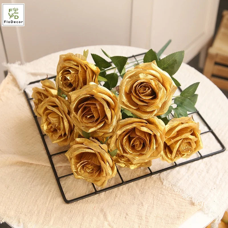 High End 10 Heads Gold Gray Roses Bridal Bouquet Wedding Decoration Looks Natural Artificial Flowers