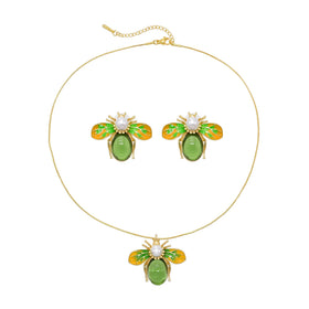 Green Bee Pendant Earrings Necklace Set for Women Lovely Animal Necklace Earrings Set Gift