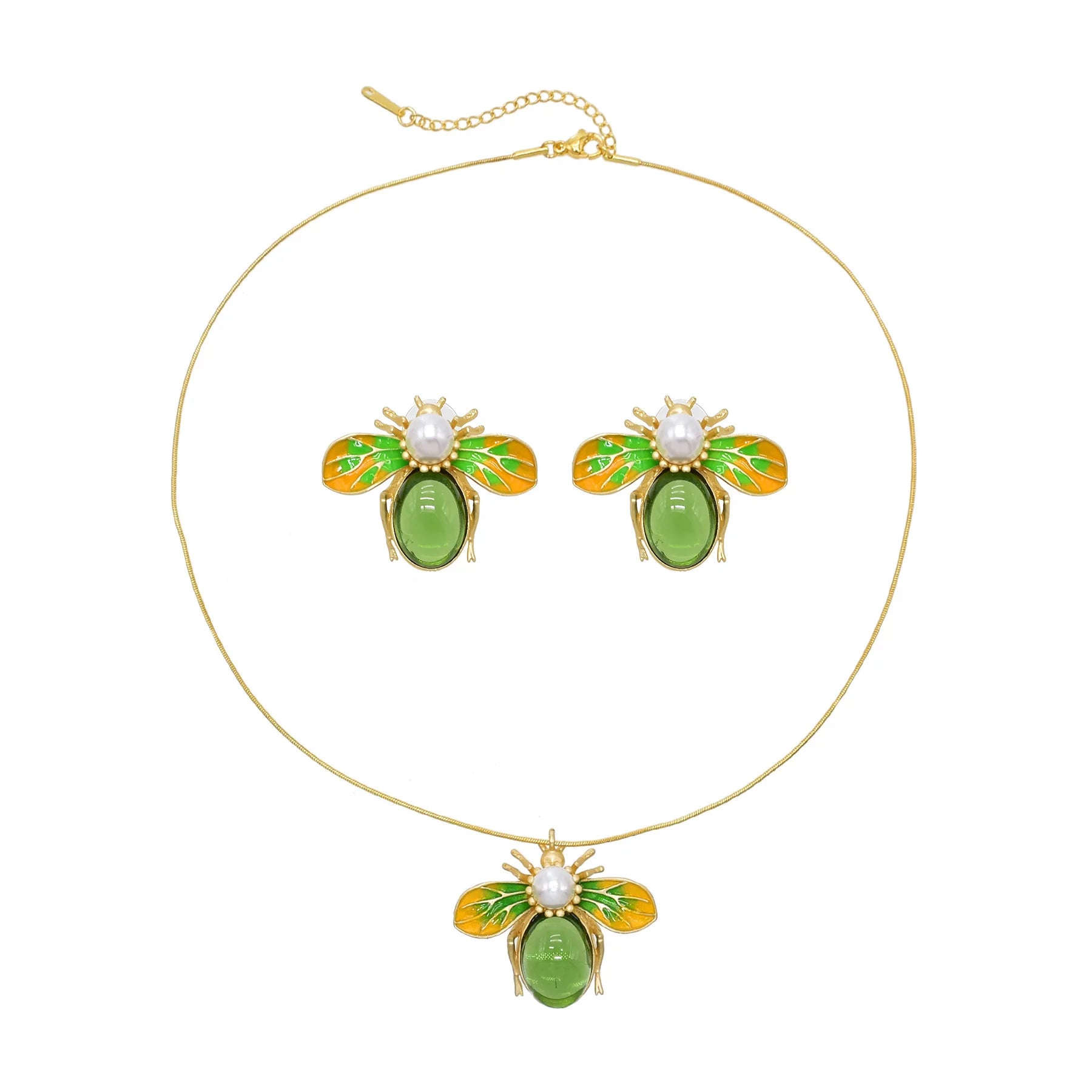 Green Bee Pendant Earrings Necklace Set for Women Lovely Animal Necklace Earrings Set Gift