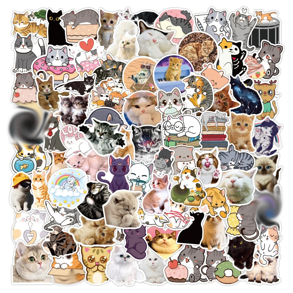 100Pcs Cute Cartoon Funny Cat Decorative Stickers for Bottle Laptop Phone Waterpoof Custom Washi Label