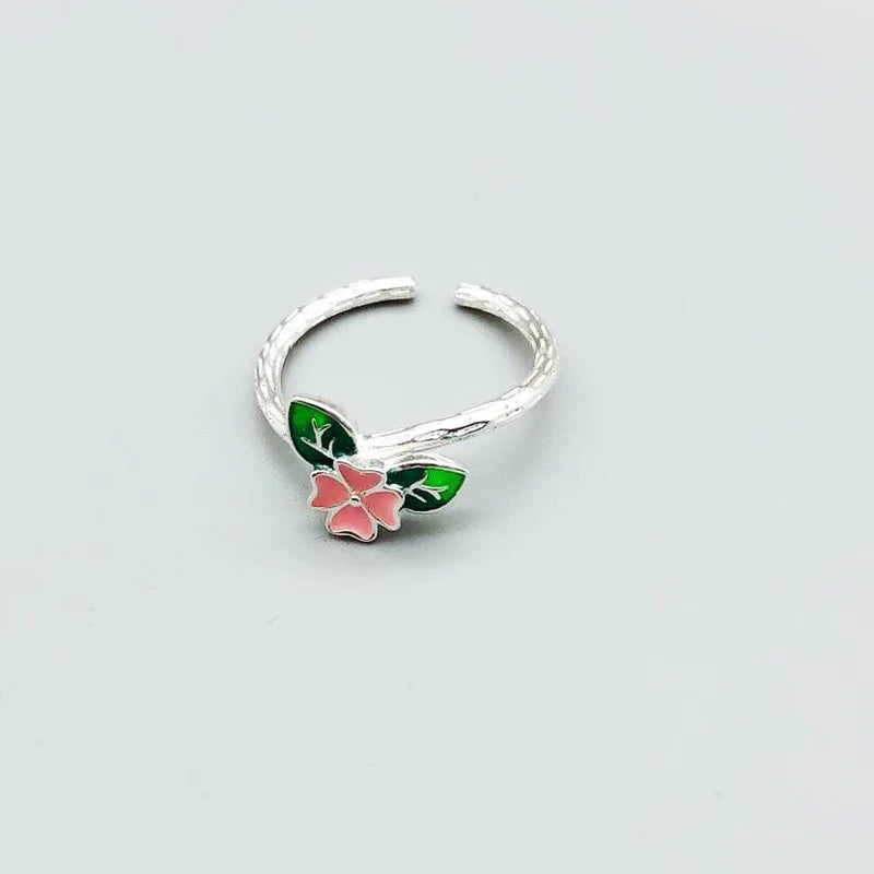 925 Silver Ring Female Glaze Art Small Fresh INS Green Flowers Students Open Boudoir Ring Ring 2022 New Trend