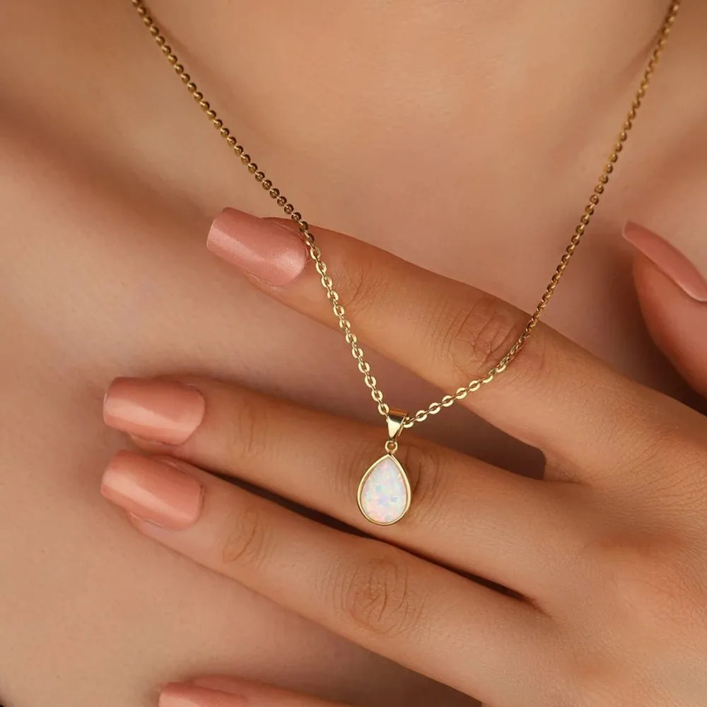 Hot Selling Fashion Jewelry Gold Plated Stainless Steel Pendant Necklace Water Droplet Opal Necklace for Unisex Girls
