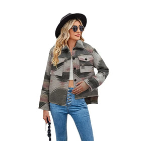 2023 Women's Casual Loose Woolen Coat Autumn Winter Floral Long Sleeve Turn Down Collar Cardigan with Button Jacket