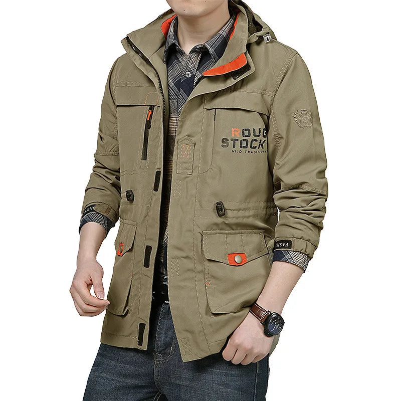 Man Spring and Autumn New Outdoor Hooded Casual Jacket Breathable Loose Bag in the Long Garment Coat for Hiking Camping