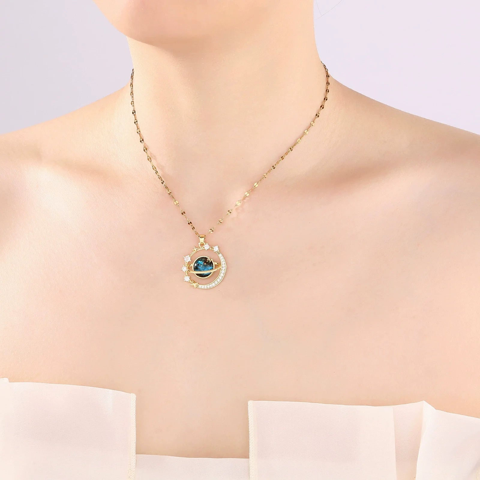 Luxury  Steel Starry Sky Planet Pendant Necklace for Women Collar Chain Wedding