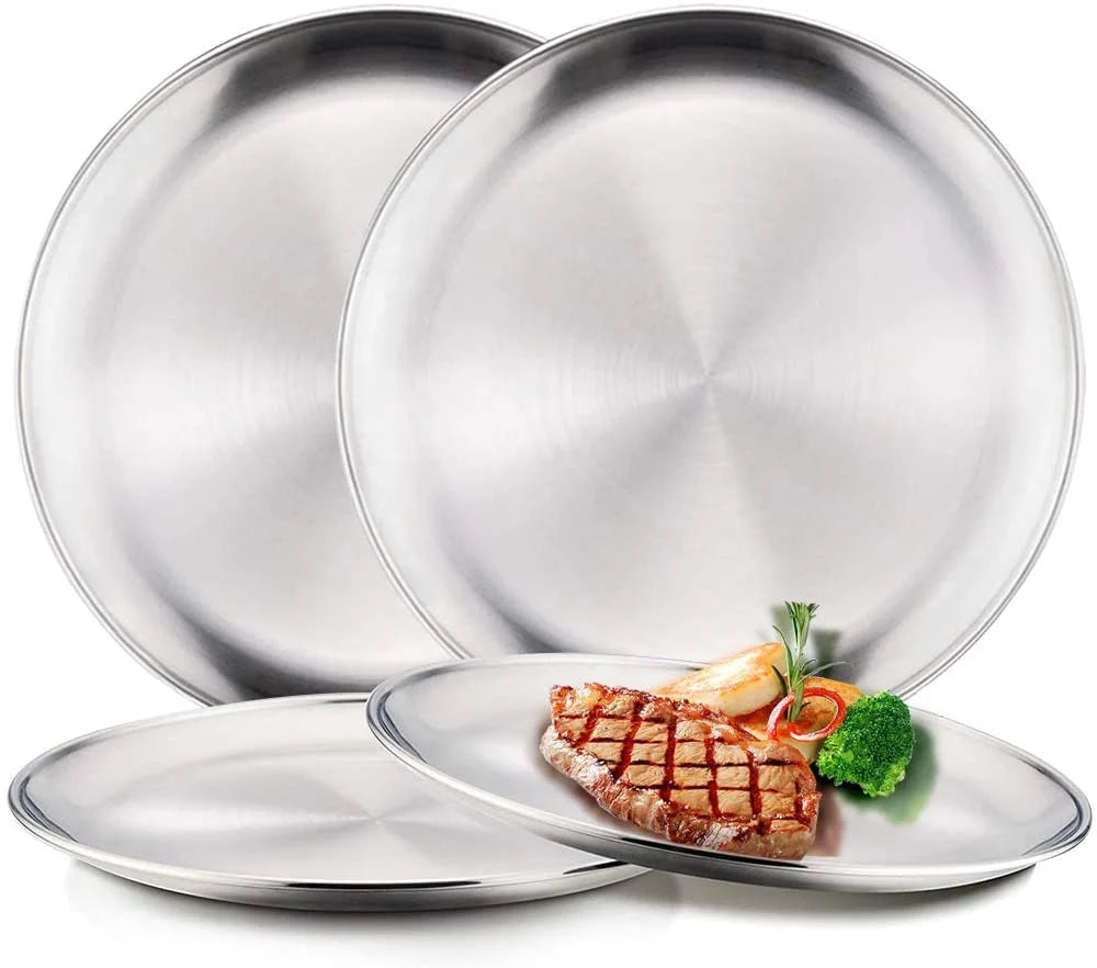 Stainless Steel Round Plates Matte Polished Serving Trays Shatterproof Dinner Plates