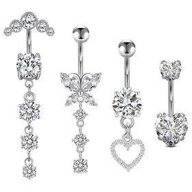 4pcs/set Stainless Steel Heart Zircon Belly Piercing Jewelry Butterfly Dangle Navel Button Ring for Wedding or Gift