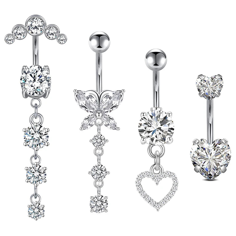 4pcs/set Stainless Steel Heart Zircon Belly Piercing Jewelry Butterfly Dangle Navel Button Ring for Wedding or Gift