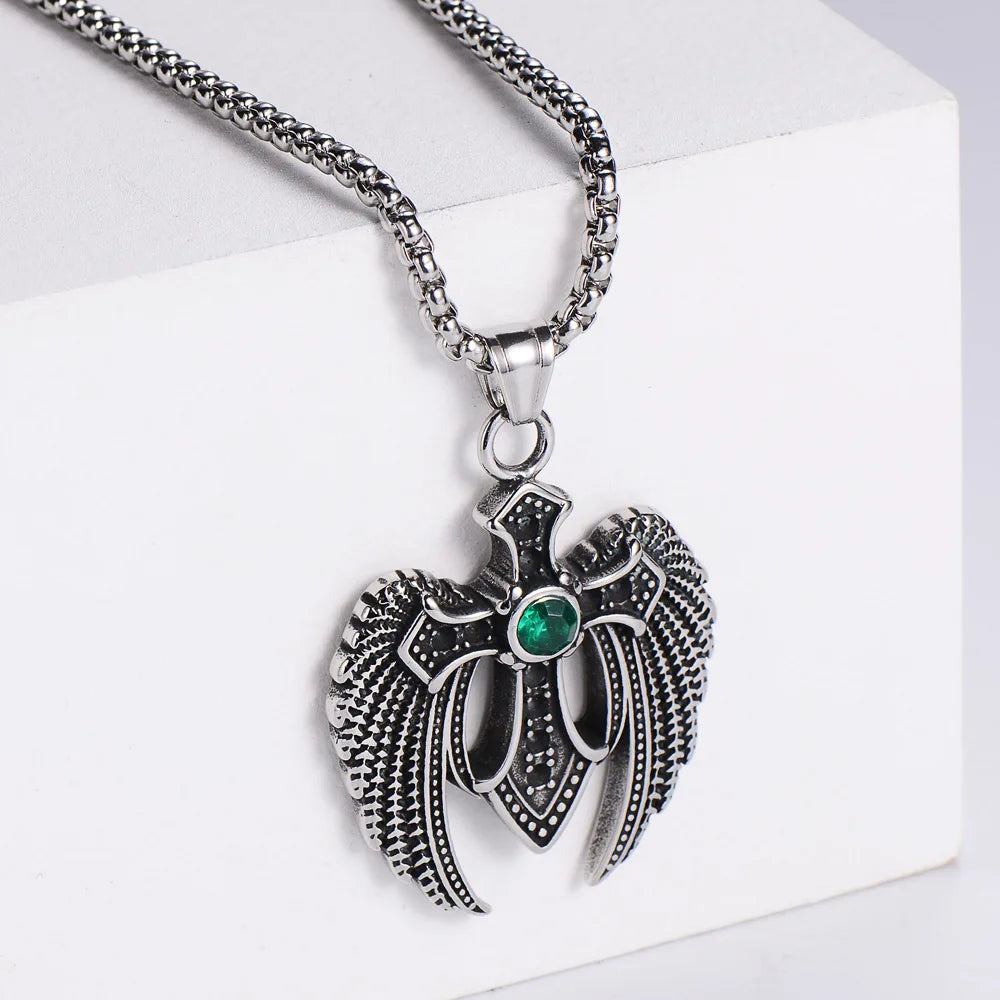 Punk Jewelry Men Zircon Stone Cross Pendant Angle Wings Necklace