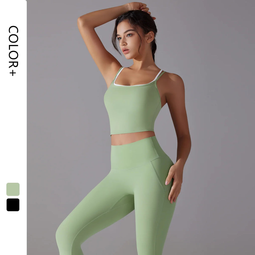 2024 New Women's High Waist Sports Pants Strap Beautiful Back Breathable Fitness Yoga Running Set Hip Lifting Feature Solid