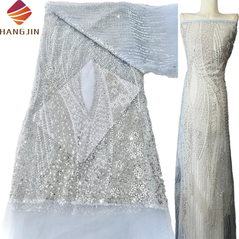 Luxury African French Mesh Sequins Lace Fabric High Quality Embroidery Pearl Beaded Tulle Lace Fabric for Wedding Evening Dress
