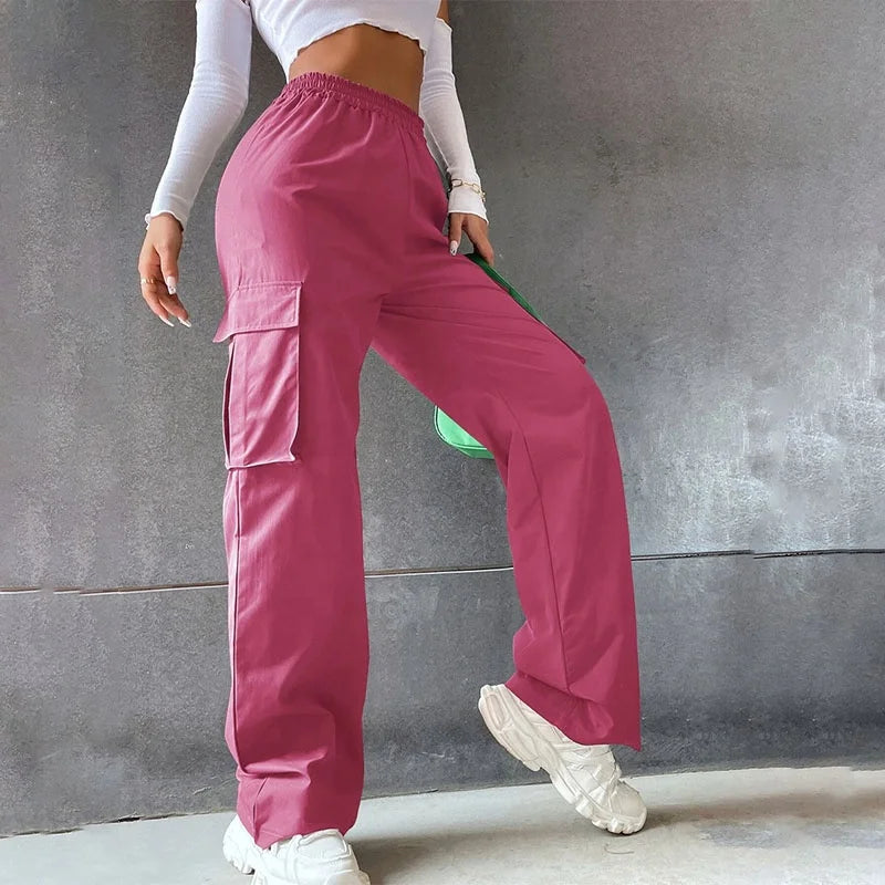 Womens Flap Pocket Cargo Pants Relaxed Wide Leg Baggy Trousers Trendy Jogger Sweatpants High Waist Jeans Parachute Pants