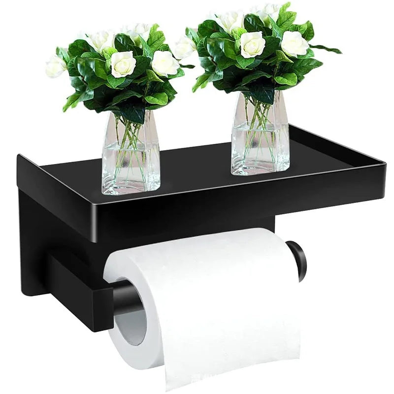 Self Adhesive Toilet Paper Holder with Phone Shelf Wall Mounted Toilet Paper Roll Holder - Rustproof Bathroom Storage Shelf