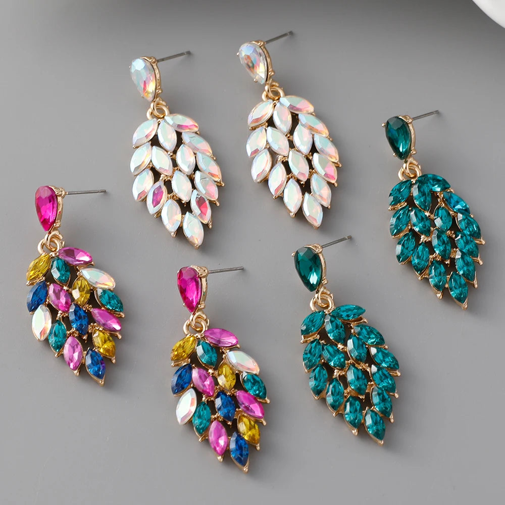 Exaggerated Colorful Crystal Leaves Dangle Earrings Women Statement Leaf Rhinestone Earrings for Party