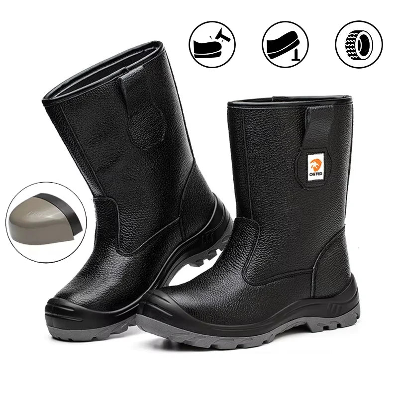 OEM Logo Genuine Leather Steel Toe High Boots Winter Heavy Industry Work Boots Men Construction Labor Zip Safety Shoes