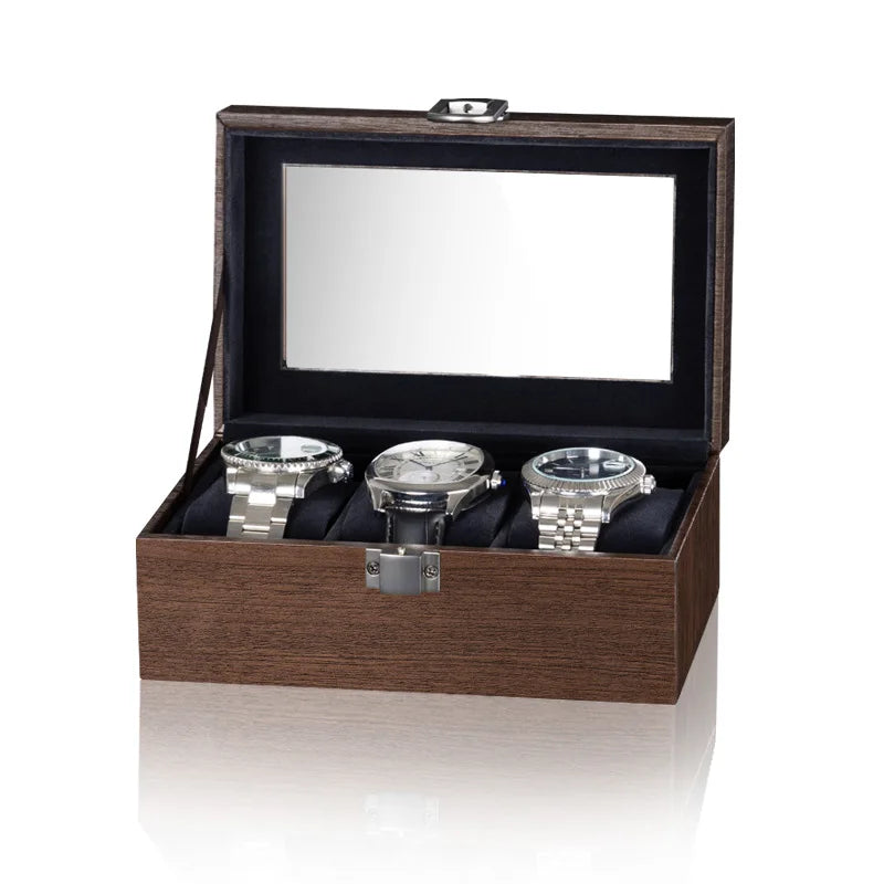 3 Slot Black Walnut Dark Blue Velvet Watch Storage Display Box Organizer With Glass Lid