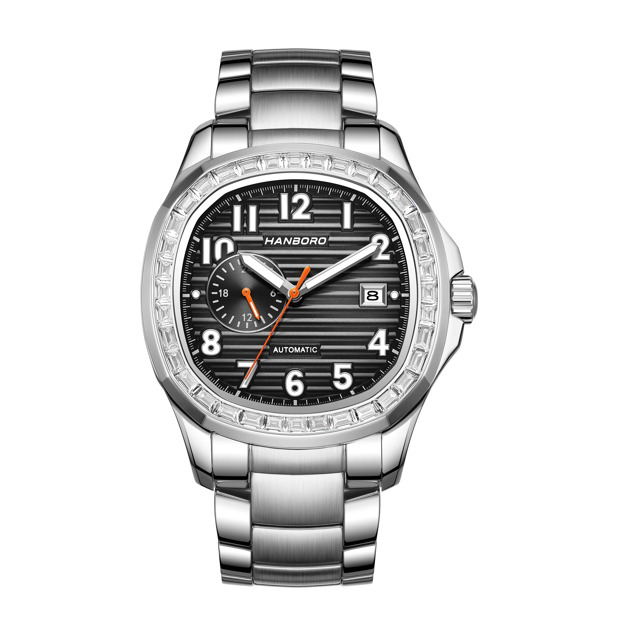 HANBORO Men's Automatic Mechanical Watch Cowry Shell 24-Hour Independent Display Diamond Bezel Stainless Steel Fashionable