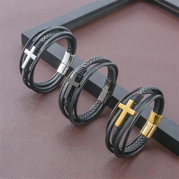 Customized Name Logo Laser Marking Stainless Steel Cross Bracelet Men's Wristband Leather Bracelet