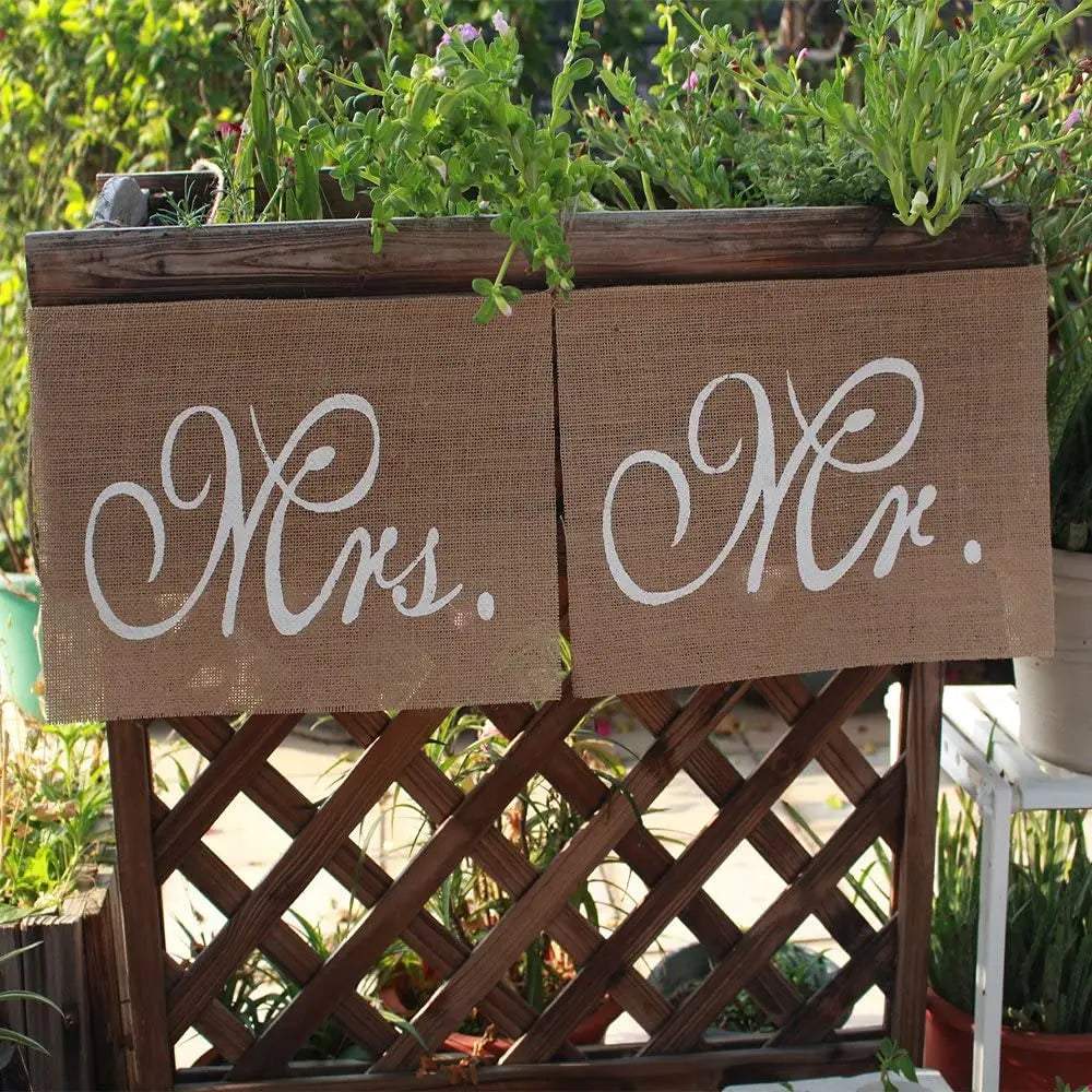 Mr and Mrs Burlap Banner Chair Signs Garland for Vintage Rustic Wedding Bridal Shower Engagement Party Decorations