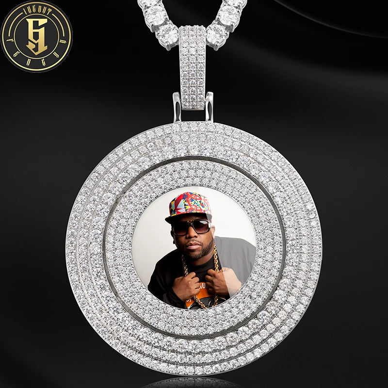 Custom Bling Hip Hop Jewelry 65mm Iced Out Diamond Zircon Memory Medallion Rotating Circle Picture Photo Pendant